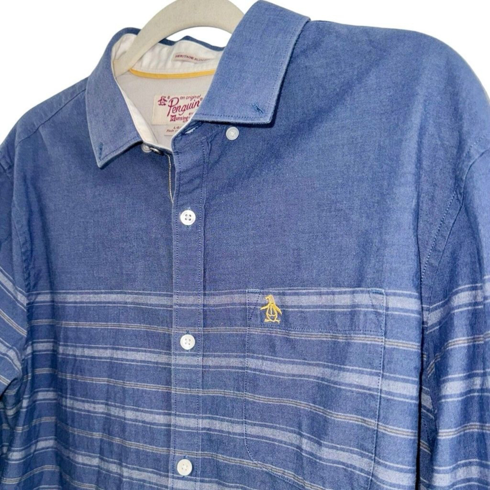 PENGUIN Heritage Men Adult LARGE (L) Slim Fit Blue Denim Button Up Casual Shirt